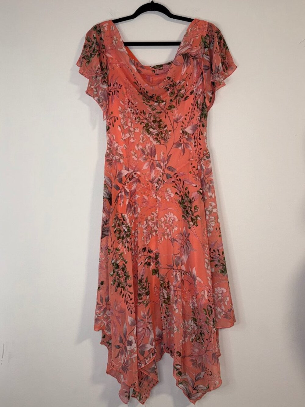 Robbie Bee Cowl Neck Draping Floral Chiffon Bias Cut Handkerchief Hem Midi Dress